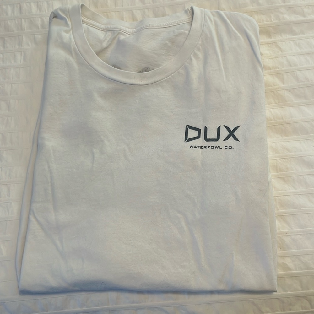 DUX waterfowl white t shirt size large small blemish on back
